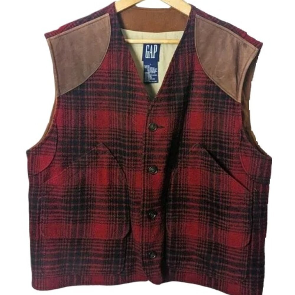 Vintage GAP Plaid Vest‎ Wool Cabincore Preppy Western Leather Suede Unisex